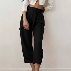 Aritzia Wilfred Kafka Black Linen High Rise Wide Leg Cropped Cargo Pants Size 10